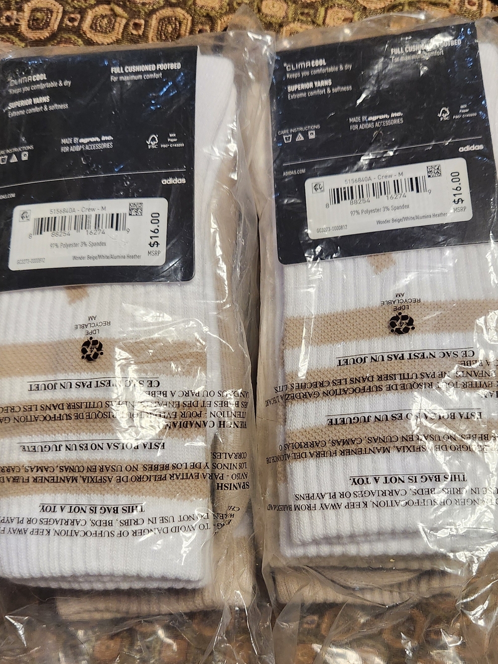 Adidas Women's Athletic Crew Socks - White with Beige Stripes